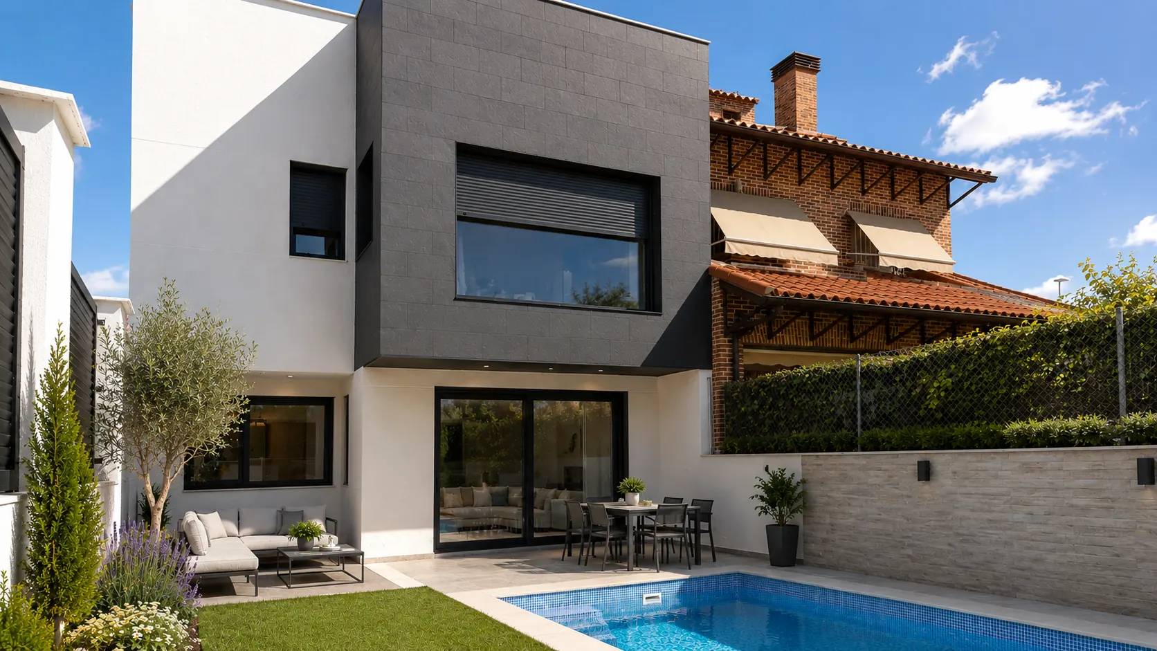Jardín de la Casa Malta, con piscina, porche de teja y zona de estar